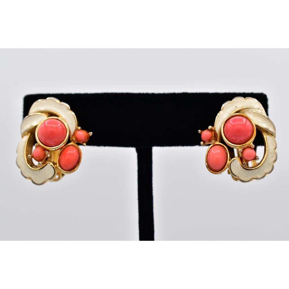 Polcini Vintage Coral Cabochon White Enamel Clip On Earrings Gold Signed BinAO